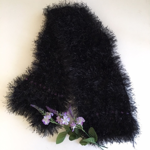 Unique hand knitted scarf with purple beads - Picture 1 of 5